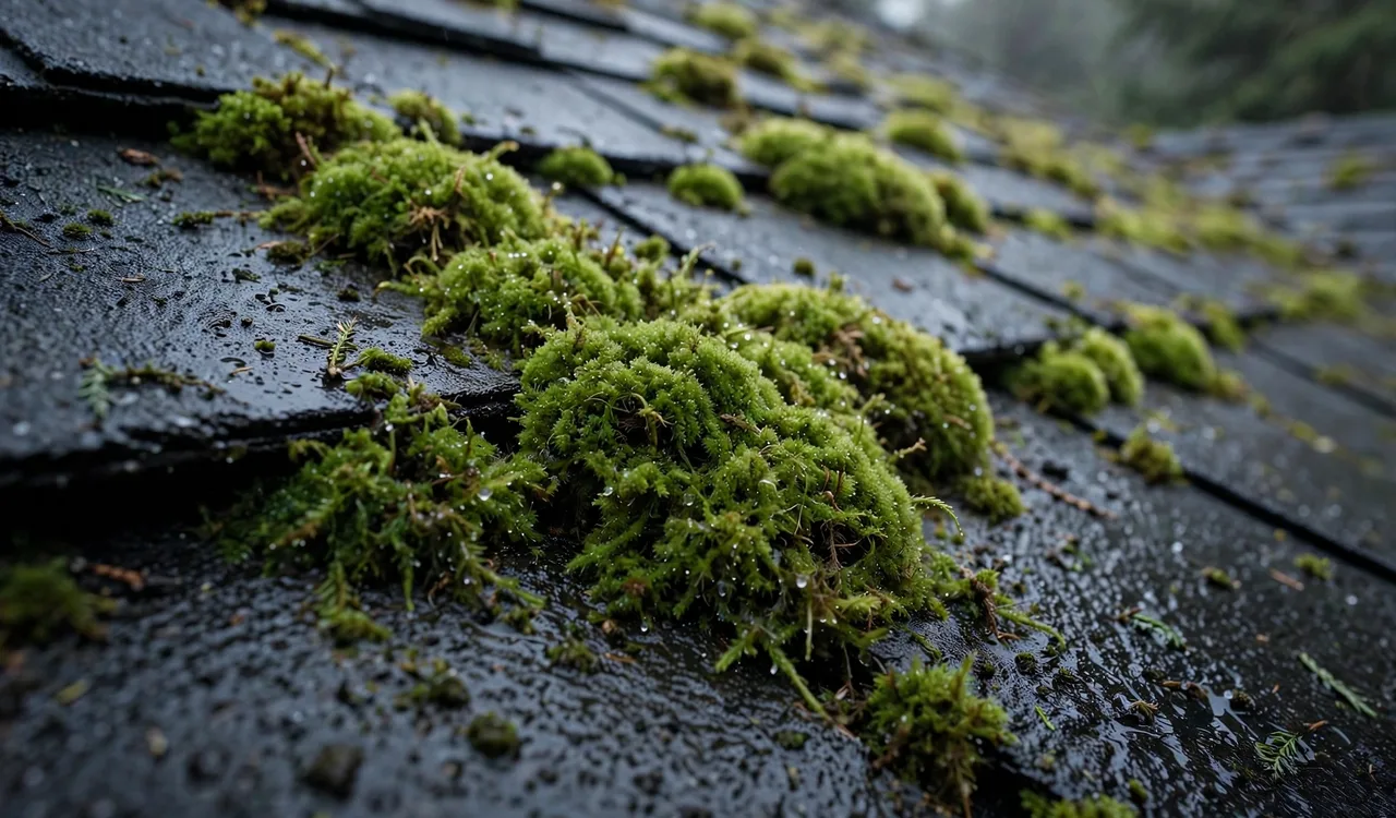 Thick green moss growing between asphalt shingles on a Surrey home