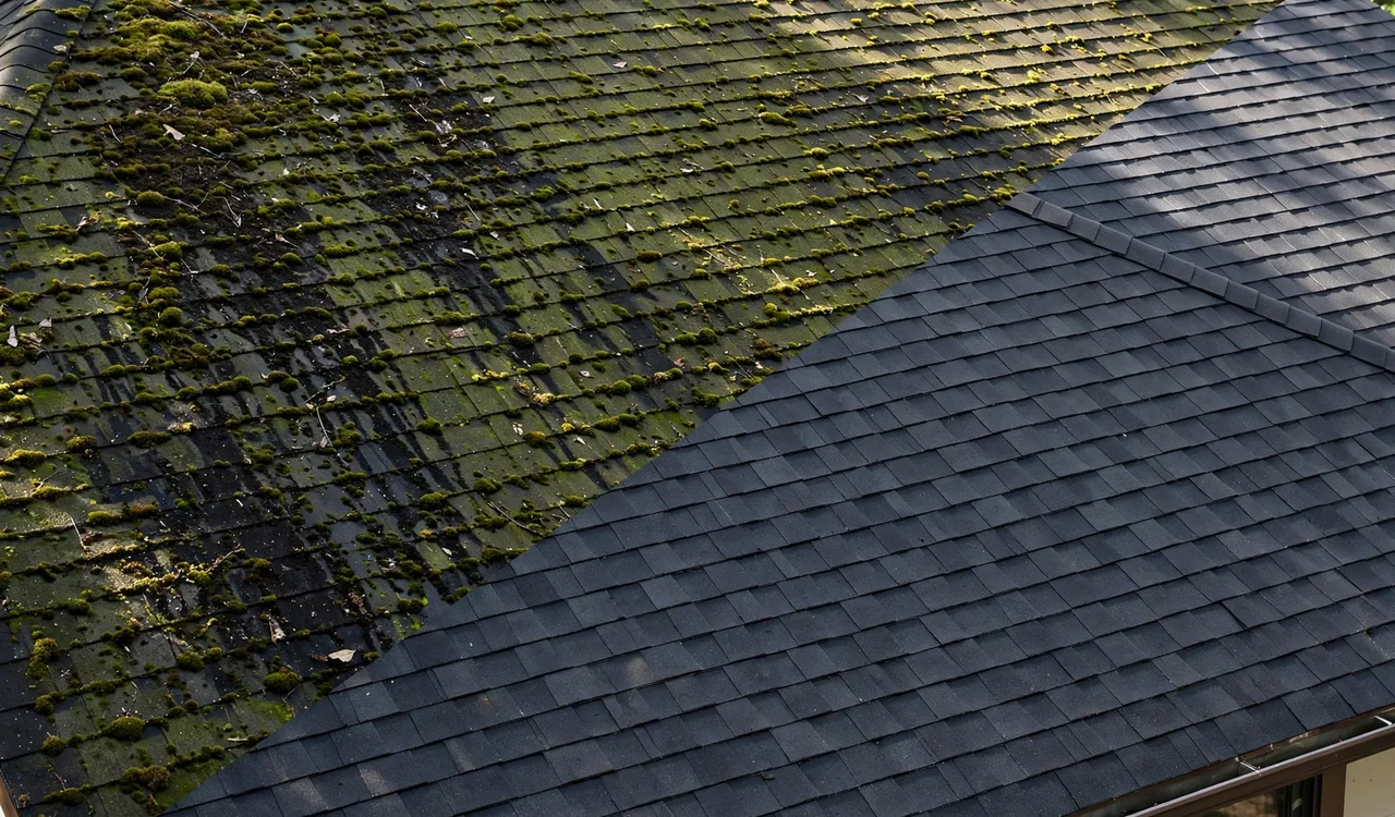 Roof half covered in moss beside the same roof after professional moss removal and treatment