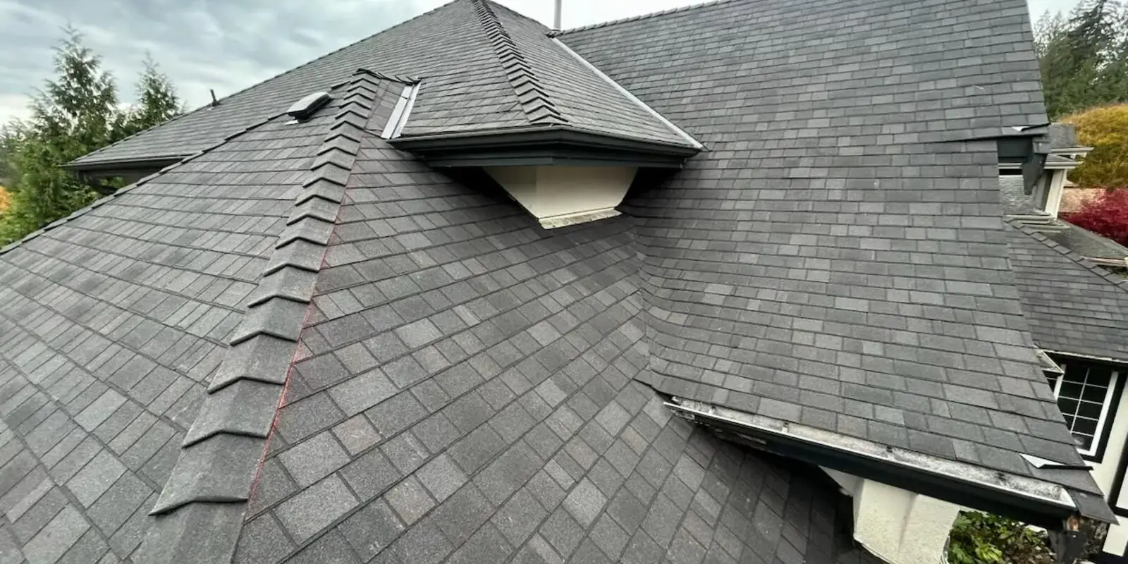 Crew tearing off storm-damaged shingles during a full reroof in Maple Ridge, BC